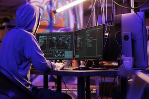 Internet criminal hacking computer network system and running ransomware code on screen. Man in hood breaking law while getting illegal access into database server in dark warehouse photo