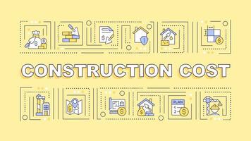 Construction cost text with various thin line icons concept on yellow monochromatic background, editable 2D vector illustration.