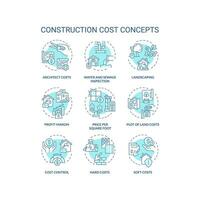 Set of 2D editable blue thin line icons representing construction cost, isolated vector, linear illustration. vector
