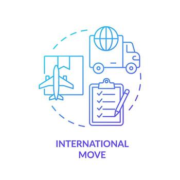 2D international move gradient icon representing moving service, simple isolated vector, thin line illustration. vector