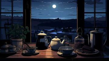 AI generated View of the moon on a clear cloudy night from inside the room with a teapot and warm drink glasses on the table. Seamless animated looping video