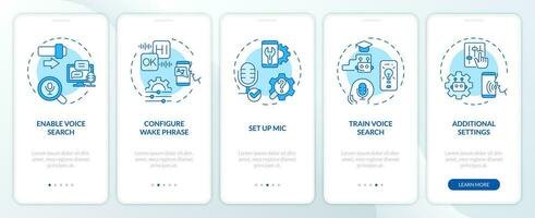 2D icons representing voice assistant mobile app screen set. Walkthrough 5 steps blue graphic instructions with linear icons concept, UI, UX, GUI template. vector