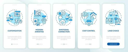 2D icons representing construction cost mobile app screen set. Walkthrough 5 steps blue graphic instructions with thin line icons concept, UI, UX, GUI template. vector