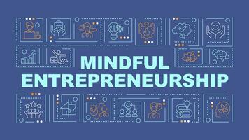 Mindful entrepreneurship text with various thin line icons concept on dark blue monochromatic background, editable 2D vector illustration.