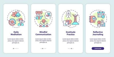 2D icons representing mindful entrepreneurship mobile app screen set. Walkthrough 4 steps colorful graphic instructions with line icons concept, UI, UX, GUI template. vector