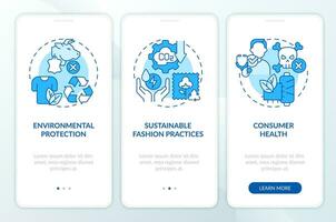 2D icons representing sustainable fashion mobile app screen set. Walkthrough 3 steps blue graphic instructions with line icons concept, UI, UX, GUI template. vector