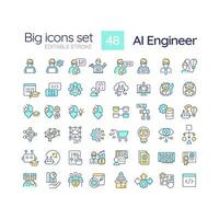 2D editable multicolor big line icons set representing AI engineer, isolated vector, linear illustration. vector