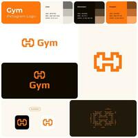 Gym orange line business logo. Dumbbell simple icon. Brand name. Fitness business value. Design element. Visual identity. Suitable for gym marketing, advertising campaign vector