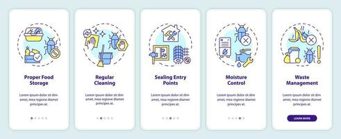 2D icons representing integrated pest management mobile app screen set. Walkthrough 5 steps colorful graphic instructions with line icons concept, UI, UX, GUI template. vector