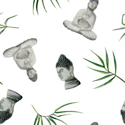 Buddha statues with Asian bamboo seamless pattern