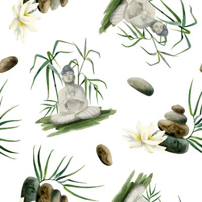 Buddha in bamboo, lotus flower seamless pattern