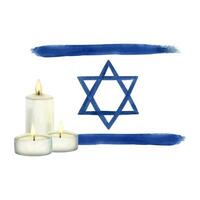 Remembrance Day of fallen soldiers with Israel flag and candles watercolor illustration. Memorial Day vector