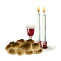 Shabbat challah, two candles and red wine glass watercolor vector illustration for Saturday eve ceremony and Jewish faith