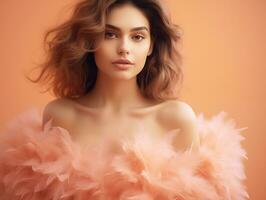 AI generated A young woman in a peach fuzz colored dress, on a background of peach fuzz color. Photorealistic illustration. AI generated. photo