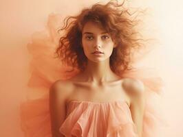 AI generated A young woman in a peach fuzz colored dress, on a background of peach fuzz color. Photorealistic illustration. AI generated. photo