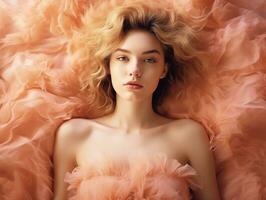 AI generated A young woman in a peach fuzz colored dress, on a background of peach fuzz color. Photorealistic illustration. AI generated. photo