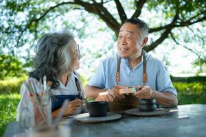 In the pottery workshop, an Asian retired couple is engaged in pottery making and clay painting activities. photo