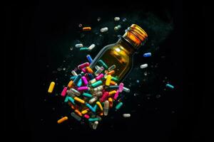 AI generated Close up of colorful pills spilling out of a plastic bottle or glass jar on air . Ai generated photo