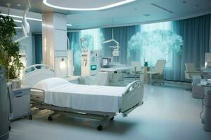 ai generado moderno hospital habitación con un cama, cómodo médico interior de un vacío hospital cama y recuperación habitación con cama ai generado foto