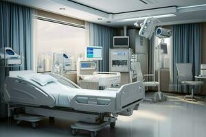 AI generated Modern Hospital room with a bed, Comfortable medical Interior of an empty hospital bed and Recovery Room with bed Ai generated photo