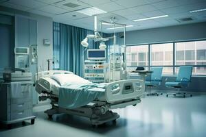 AI generated Modern Hospital room with a bed, Comfortable medical Interior of an empty hospital bed and Recovery Room with bed Ai generated photo