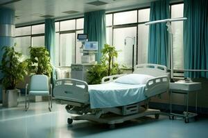 AI generated Modern Hospital room with a bed, Comfortable medical Interior of an empty hospital bed and Recovery Room with bed Ai generated photo