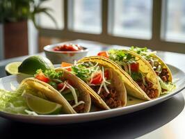 AI generated Delicious Mexican tacos with meat and vegetables. Traditional food, Latin American, Mexican cuisine. Photorealistic, background with bokeh effect. AI generated. photo