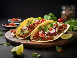 AI generated Delicious Mexican tacos with meat and vegetables. Traditional food, Latin American, Mexican cuisine. Photorealistic, background with bokeh effect. AI generated. photo