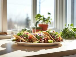 ai generado delicioso mexicano tacos con carne y vegetales. tradicional alimento, latín americano, mexicano cocina. fotorrealista, antecedentes con bokeh efecto. ai generado. foto