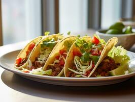 AI generated Delicious Mexican tacos with meat and vegetables. Traditional food, Latin American, Mexican cuisine. Photorealistic, background with bokeh effect. AI generated. photo