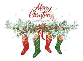 tarjeta de navidad con regalos en calcetines y con adornos de invierno. feliz navidad y año nuevo vacaciones. ilustración vectorial vector