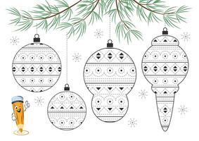 Coloring page with Christmas decorations for kids. Tracing and color worksheet for practicing motor skills.  Tracing contours, handwriting practice. Vector illustration