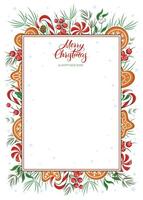 Blank greeting letter Merry Christmas and Happy New Year decorated with winter decor. Vector illustration