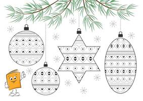 Coloring page with Christmas decorations for kids. Tracing and color worksheet for practicing motor skills.  Tracing contours, handwriting practice. Vector illustration