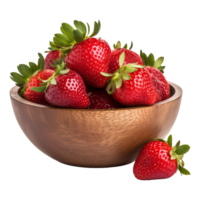 AI generated Strawberries in wooden bowl isolated on transparent background png