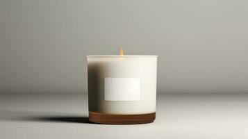 AI generated Generative AI, candle with label mockup. Aesthetic minimalistic composition blank, textile. Comfort, spa, relax and wellness concept. photo