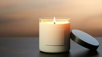 AI generated Generative AI, candle with label mockup. Aesthetic minimalistic composition blank, textile. Comfort, spa, relax and wellness concept. photo