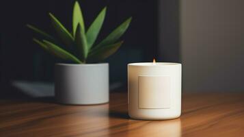 AI generated Generative AI, candle with label mockup. Aesthetic minimalistic composition blank, textile. Comfort, spa, relax and wellness concept. photo