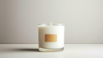 AI generated Generative AI, candle with label mockup. Aesthetic minimalistic composition blank, textile. Comfort, spa, relax and wellness concept. photo