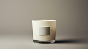 AI generated Generative AI, candle with label mockup. Aesthetic minimalistic composition blank, textile. Comfort, spa, relax and wellness concept. photo