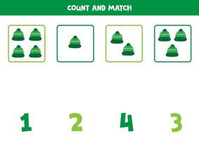 Counting game for kids. Count all green winter caps and match with numbers. Worksheet for children. vector
