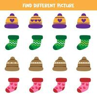 Find different colorful sock and cap in each row. Logical game for preschool kids. vector