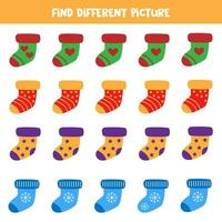 Find different colorful sock in each row. Logical game for preschool kids. vector