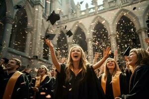 AI generated Happy girl graduated. Girl graduating celebrating academic achievement. Graduation Caps Thrown in the Air. Ai generated photo