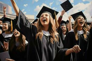 AI generated Happy girl graduated. Girl graduating celebrating academic achievement. Graduation Caps Thrown in the Air. Ai generated photo