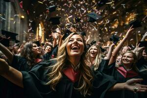 AI generated Happy girl graduated. Girl graduating celebrating academic achievement. Graduation Caps Thrown in the Air. Ai generated photo