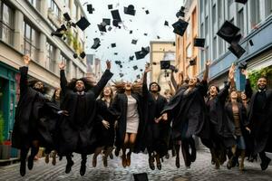 AI generated Happy girl graduated. Girl graduating celebrating academic achievement. Graduation Caps Thrown in the Air. Ai generated photo