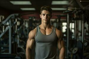 ai generado joven carrocero hombre a gimnasia, joven masculino carrocero demostración su cuerpo y posando y haciendo Deportes ejercicios en el gimnasio ai generado foto