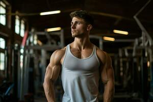 ai generado joven carrocero hombre a gimnasia, joven masculino carrocero demostración su cuerpo y posando y haciendo Deportes ejercicios en el gimnasio ai generado foto