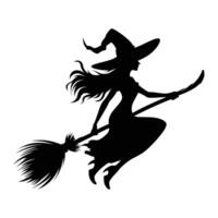 Silhouette of witch on broomstick flying on white background vector